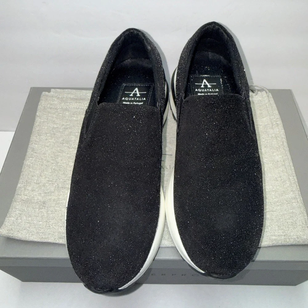 Aquatalia Leola Metallic‎ Suede Platform Slip On Sneakers Black L5019-BLK 5.5M